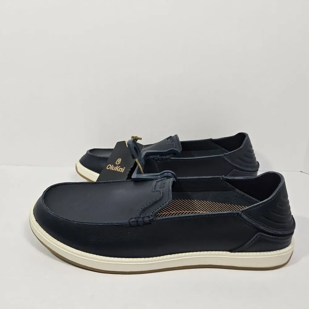 $140 Olukai Kākaha Nia Mens 12 Leather Slip On Shoes Loafer Casual Indigo Blue